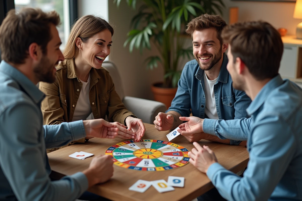 Groupe d amis rient autour d un jeu de Trivial Pursuit dans un salon moderne