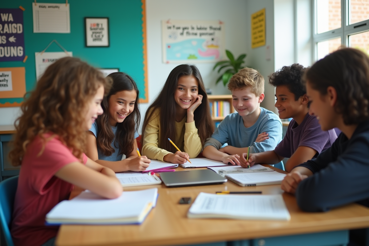 Groupe d'ecoliers collaborant en classe lumineuse