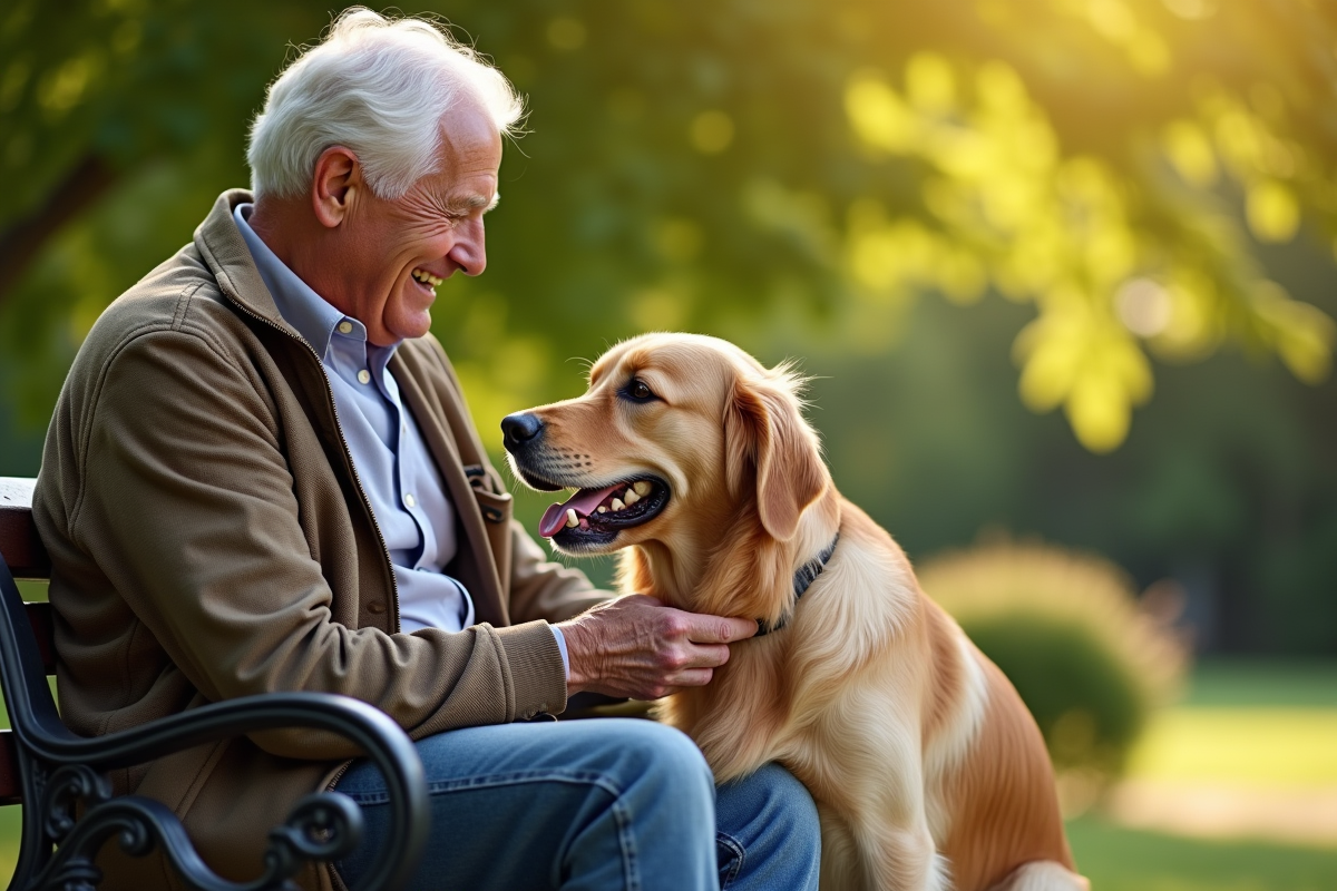 Homme âgé souriant avec chien golden retriever dans un parc