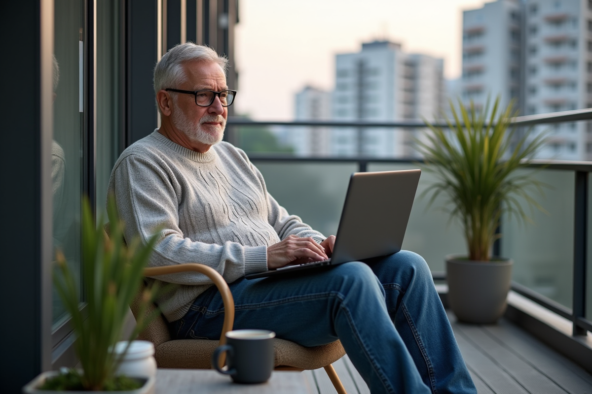 Homme détendu travaillant sur son balcon avec vue urbaine