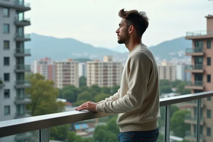Homme en sweater regardant la ville depuis son balcon