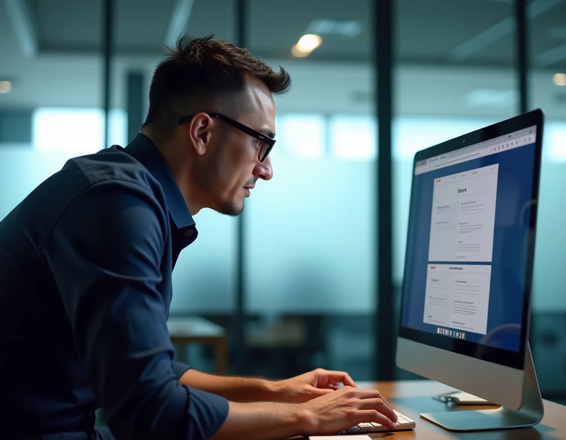 Homme en bureau comparant deux sites internet similaires pour repérer une imitation frauduleuse