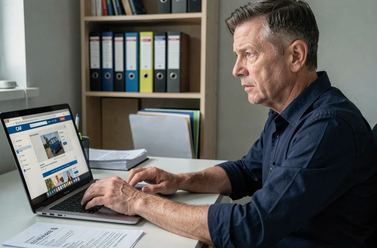 Homme consultant le site de la CAF sur ordinateur pour demander une aide financière après perte de revenus
