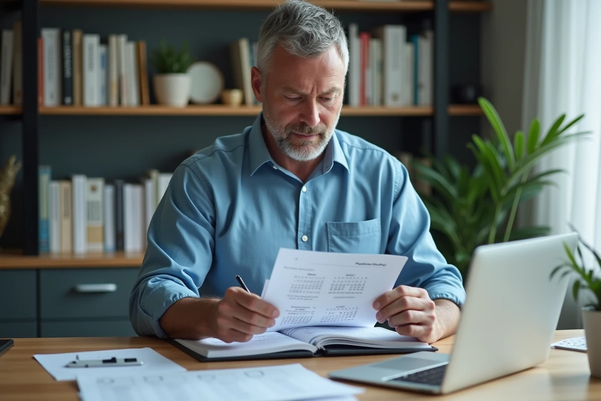Homme organisant des documents PDF imprimables du calendrier scolaire 2026 Baden-Württemberg dans un bureau à domicile