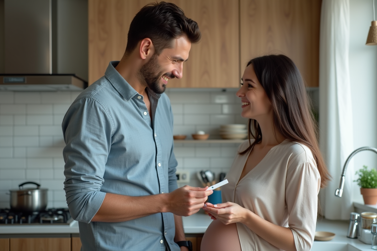 Homme surpris regarde un test de grossesse dans la cuisine