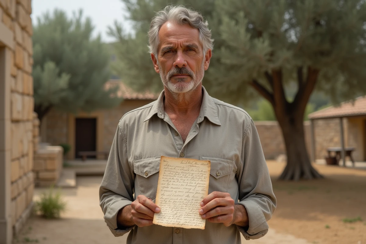 Homme méditerranéen tenant une lettre ancienne devant une maison en pierre