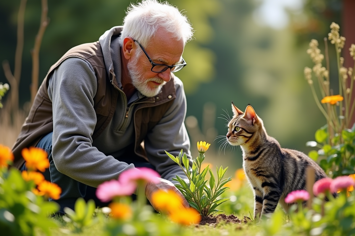 Homme âgé jardinant avec son chat curieux parmi les fleurs