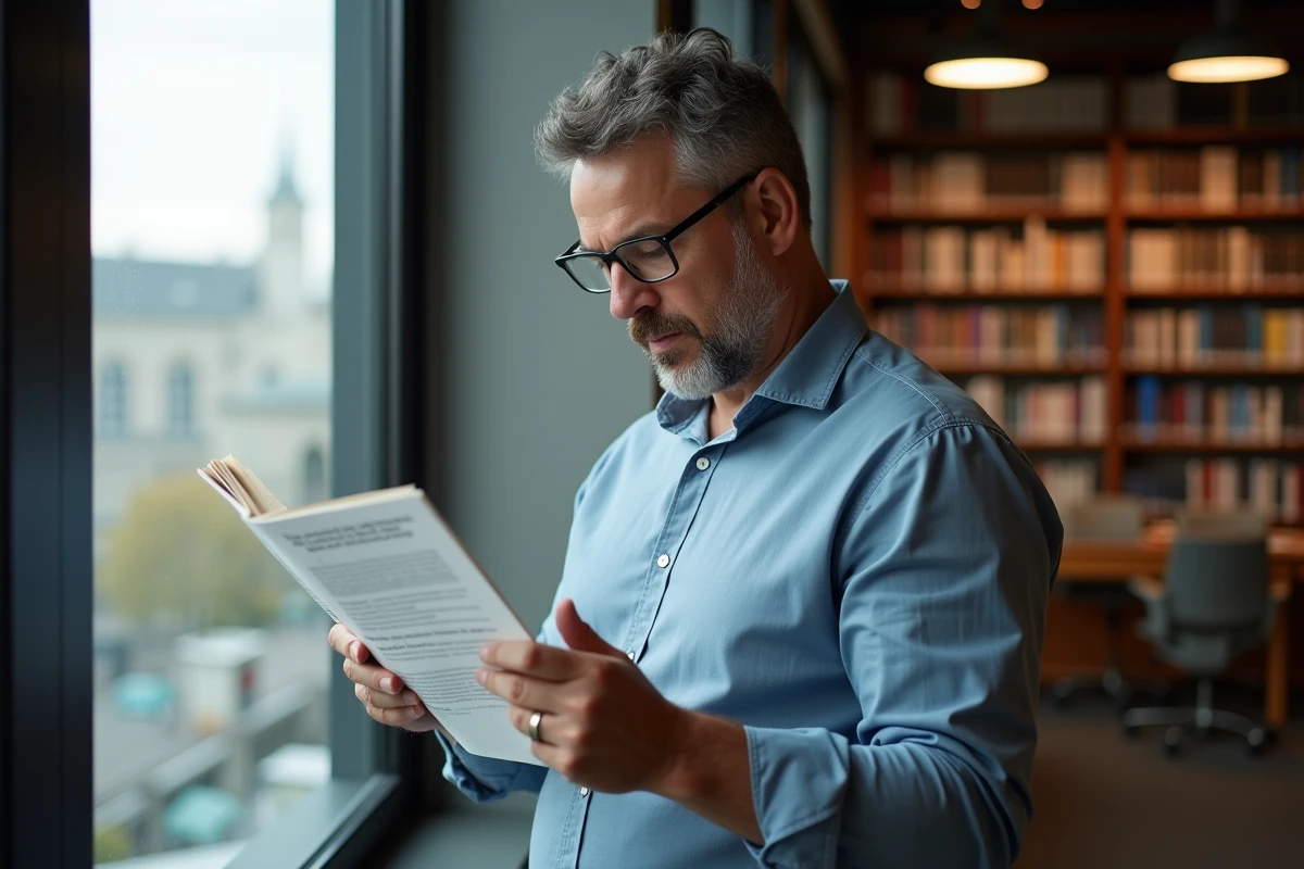 Homme lit un rapport sur le divorce dans une biblioth&egrave;que