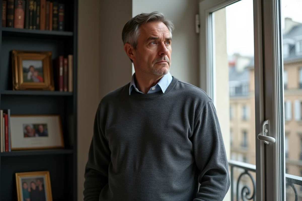 Homme de médias en tenue décontractée dans un appartement parisien entouré de livres et souvenirs personnels