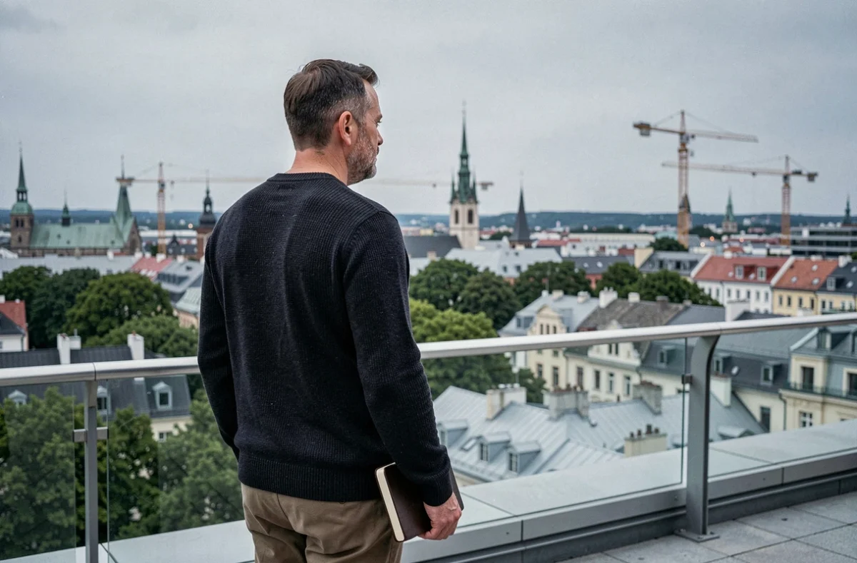 Homme contemplant un panorama urbain depuis une terrasse en hauteur, carnet sous le bras, lors d'une exploration solitaire de sa ville