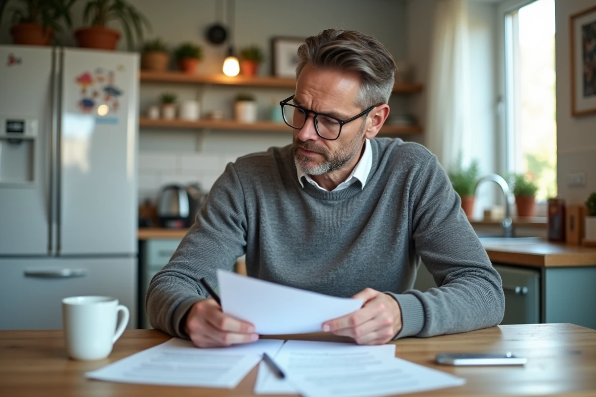Homme en cuisine relisant des papiers juridiques avec concentration