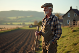 Homme rural âgé avec une houe près d'un champ