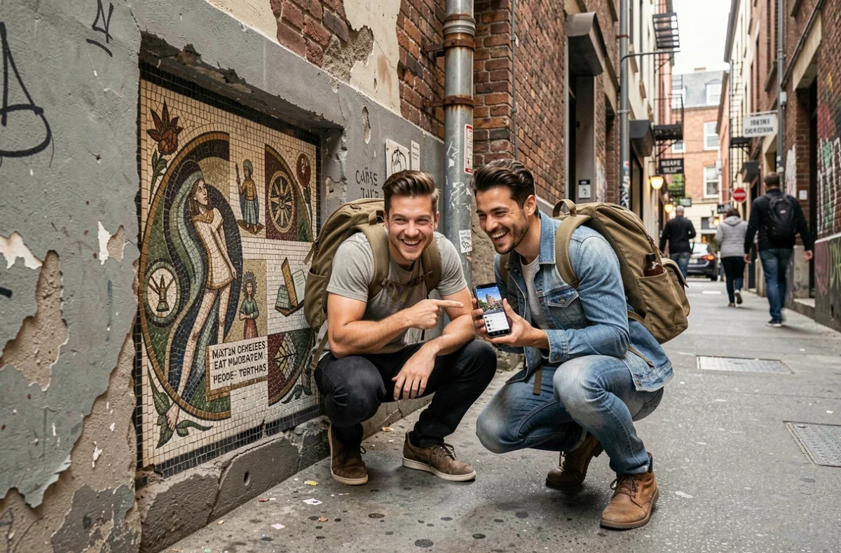 Deux hommes découvrant une fresque murale cachée dans une ruelle urbaine lors d'un parcours de redécouverte de la ville