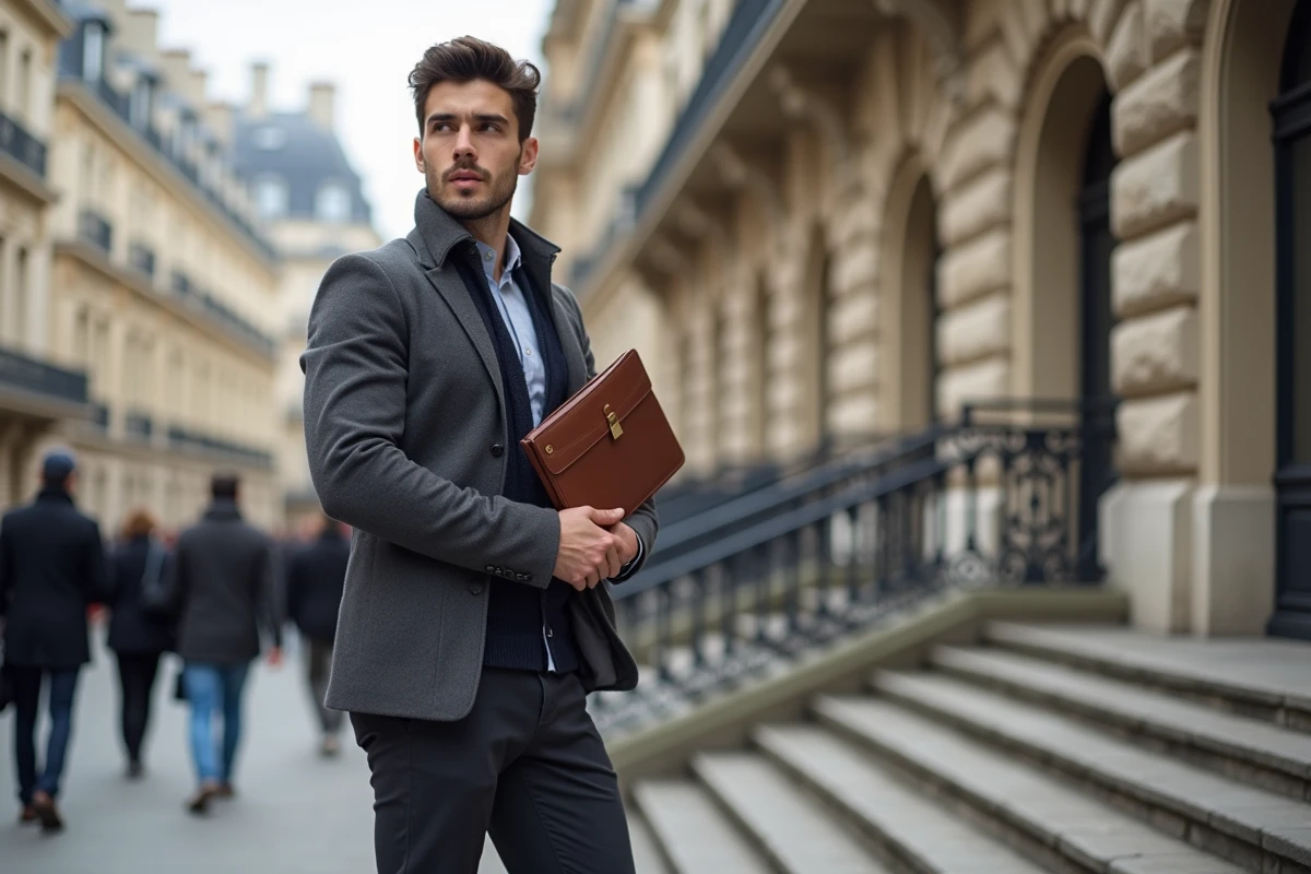 Jeune homme professionnel tenant un portfolio devant un immeuble haussmannien parisien, symbolisant la notoriété et la construction de l'image d'une personnalité publique dans les médias français