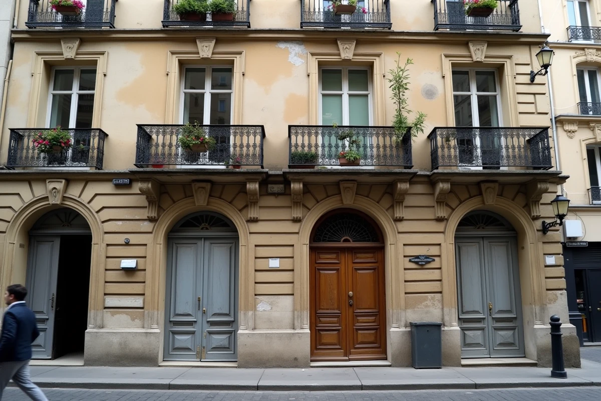 Façade d'immeuble haussmannien parisien avec balcons en fer forgé et porte en chêne ancienne, symbolisant les origines familiales et l'enfance dans un quartier historique de Paris