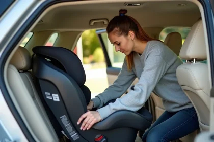 Mère installant un siège auto i-Size avec fixation ISOFIX dans un SUV familial, réglementation R129