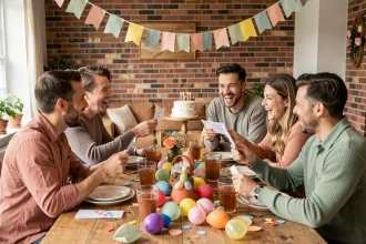 Groupe d'adultes jouant à un jeu d'animation autour d'une table décorée pour un anniversaire
