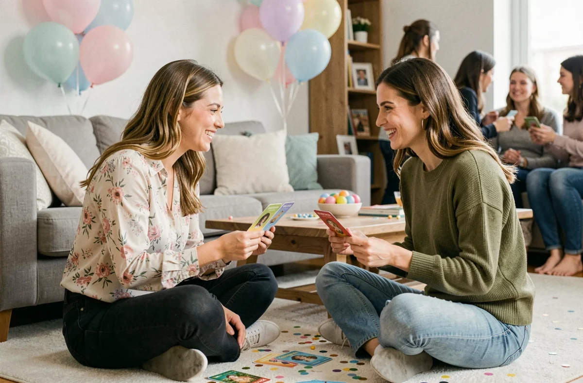 Deux femmes jouant à un jeu brise-glace lors d'une fête d'anniversaire en petit groupe