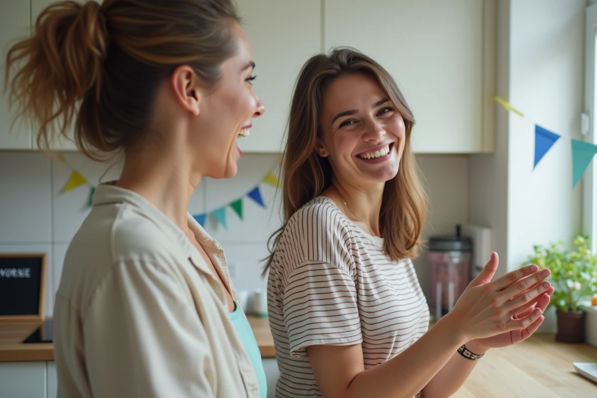 Deux femmes jouant à un jeu de mime lors d'un anniversaire minimaliste dans une cuisine décorée simplement