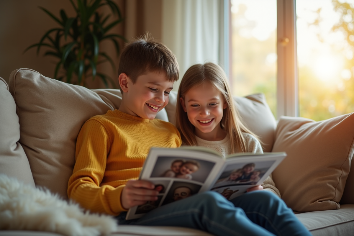 Adolescent souriant et enfant regardant un album photo