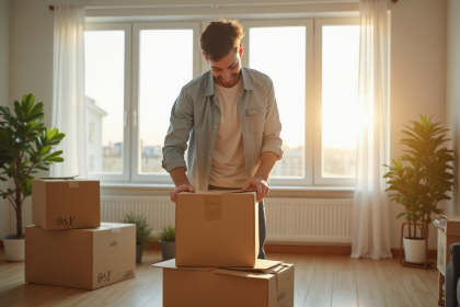 Jeune adulte déballant des caisses dans un appartement lumineux