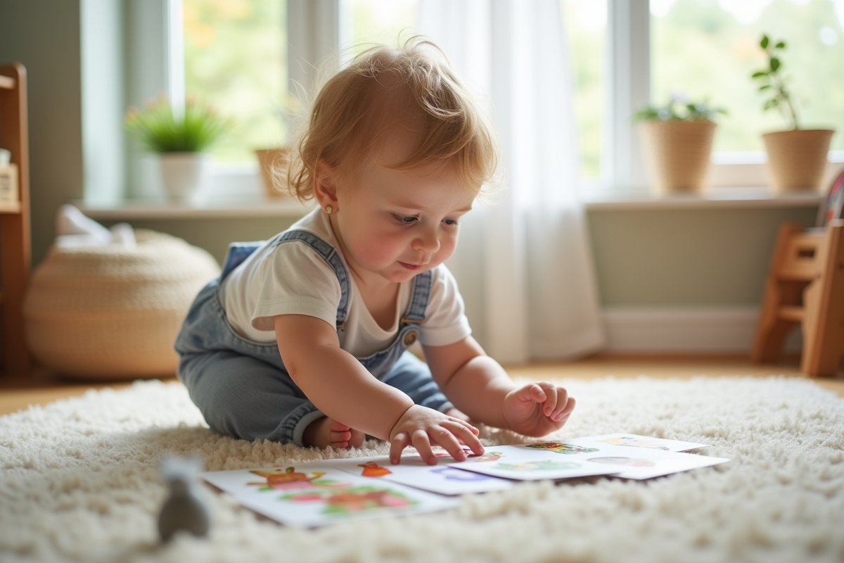 Jeune enfant associant cartes et jouets dans une salle lumineuse
