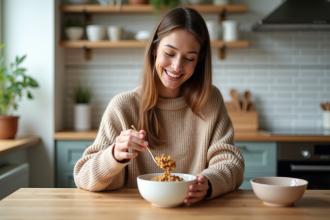 Jeune femme vers 30 ans verse du granola dans un bol à la maison