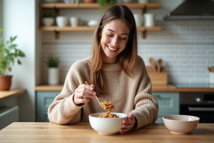 Jeune femme vers 30 ans verse du granola dans un bol à la maison