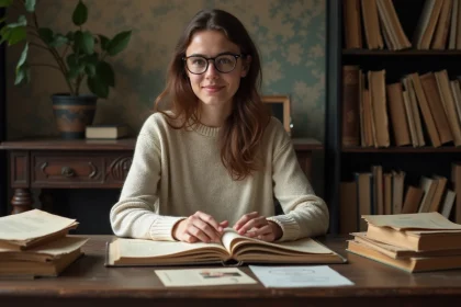 Jeune femme en recherche g&eacute;n&eacute;alogique dans son &eacute;tude