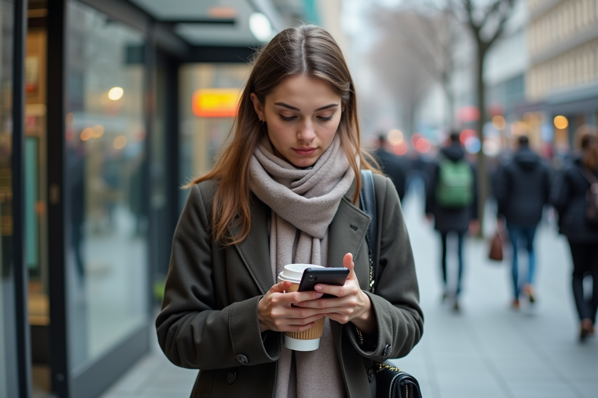 Jeune femme urbaine avec café et smartphone