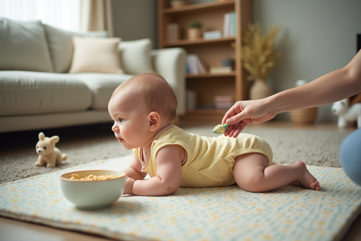 Fille de quatre mois sur un tapis de jeu avec sa mère
