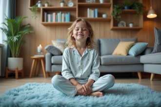 Jeune fille assise sur un tapis bleu dans un salon cosy