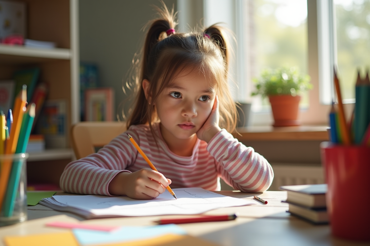 Jeune fille concentrée à faire ses devoirs avec fournitures colorées