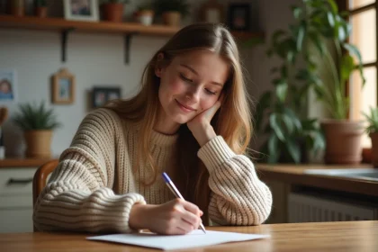 Jeune femme &eacute;crivant une carte dans une cuisine chaleureuse