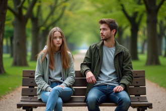 Jeune fille et homme assis sur un banc dans un parc verdoyant