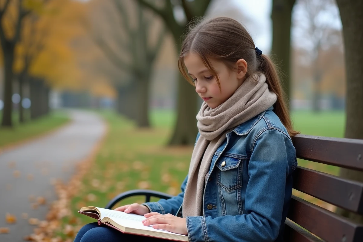 Jeune fille assise sur un banc de parc avec un carnet en main