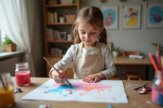 Jeune fille de 8 ans peignant avec un pinceau large