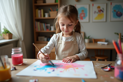 Jeune fille de 8 ans peignant avec un pinceau large
