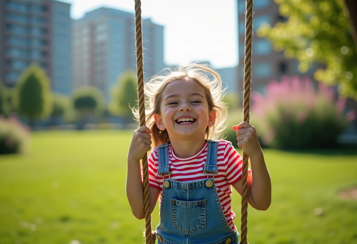 Jeune fille jouant sur une balançoire dans un parc