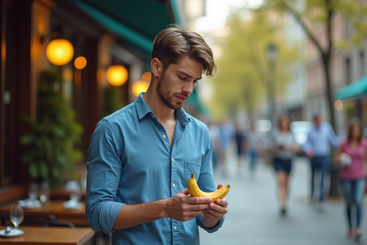 Jeune homme regardant une banane dans une rue de ville animée