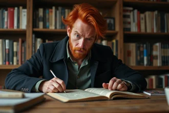 Jeune homme aux cheveux rouges lit des mangas dans un bureau chaleureux