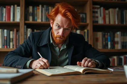 Jeune homme aux cheveux rouges lit des mangas dans un bureau chaleureux