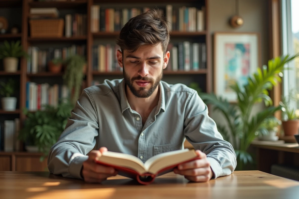 Jeune homme lisant dans un salon chaleureux