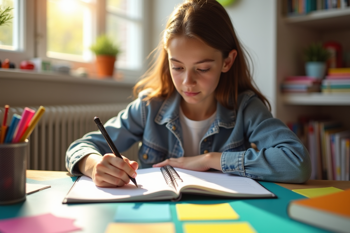 Adolescent organisé avec un planner coloré et notes pour ses devoirs