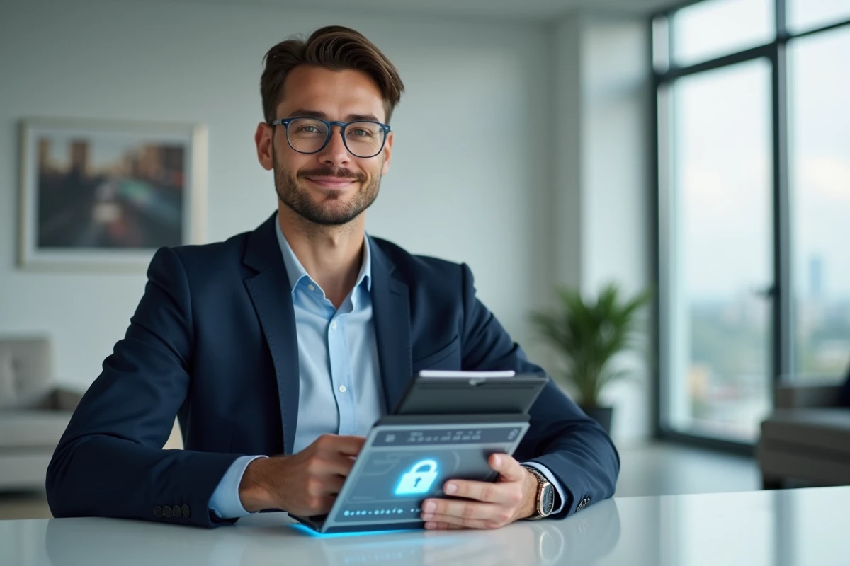 Jeune homme en costume vérifiant une interface digitale de sécurité