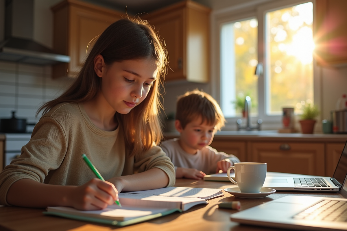 Adolescent organisant ses devoirs à la cuisine en lumière naturelle