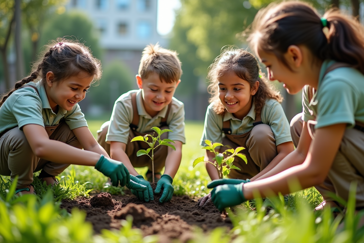 Groupe d'élèves plantant des arbres dans une cour scolaire