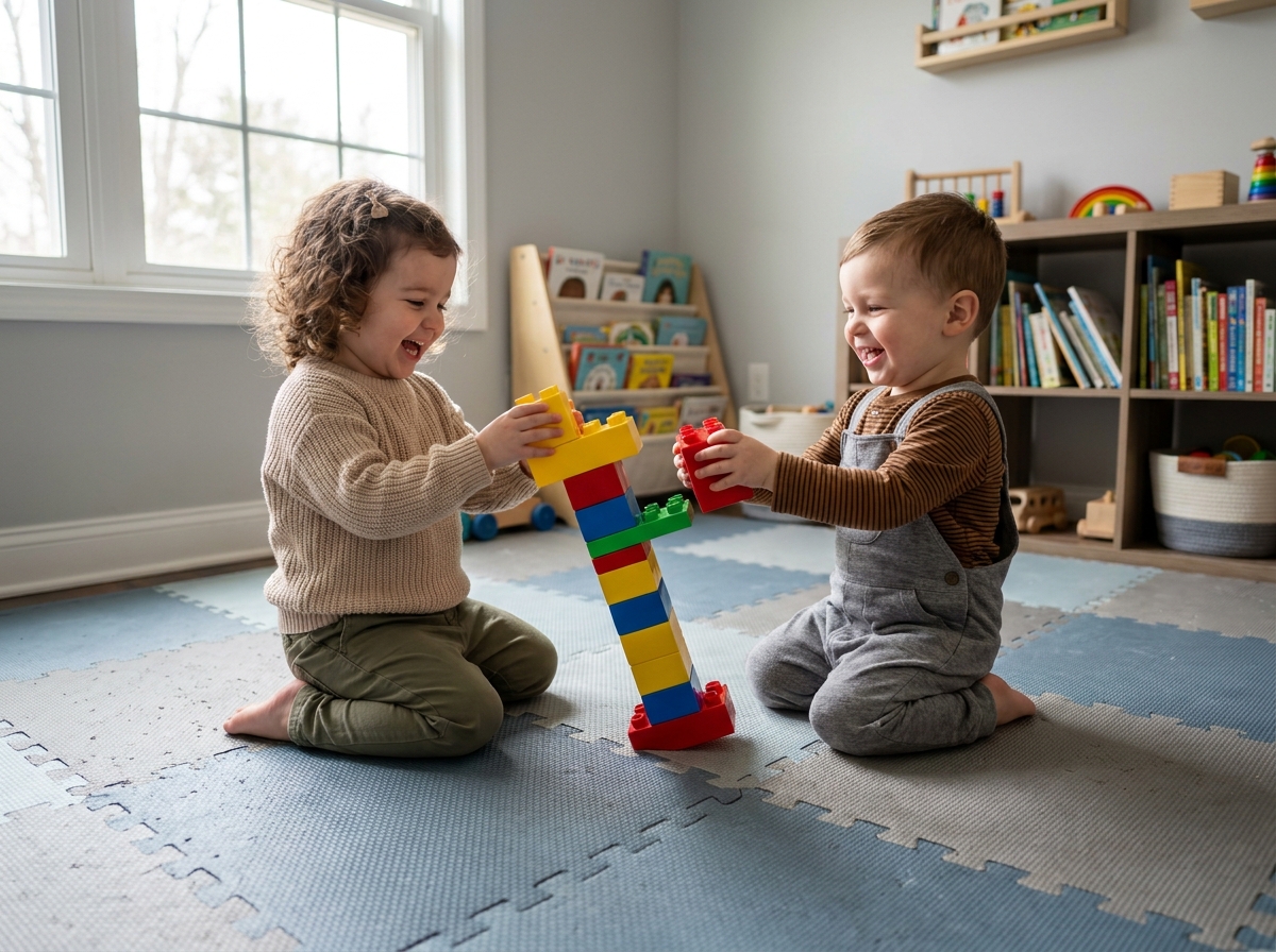 Deux enfants de 3 ans jouant ensemble à construire une tour avec des blocs de construction colorés sur un tapis de jeu, apprentissage collaboratif à la maison