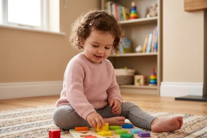 Petite fille de 3 ans jouant avec des jeux de tri de formes en bois colorés sur un parquet, activité éducative pour les tout-petits