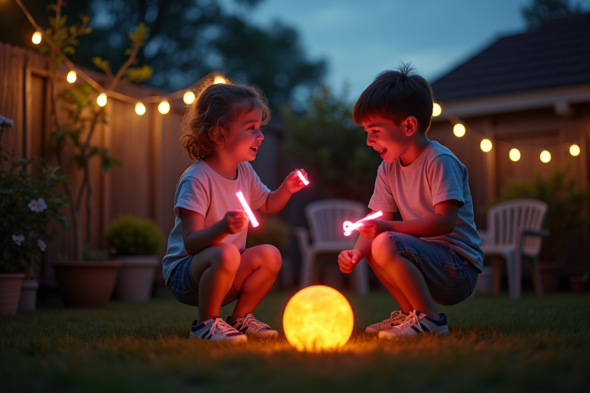 Enfants jouant avec des bâtons lumineux dans le jardin au crépuscule